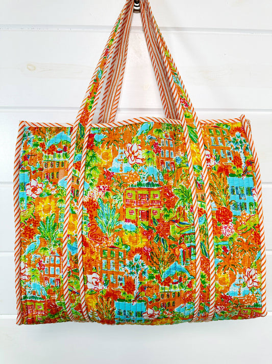 Mahjong Tote Bag | Orange Southern Town Print