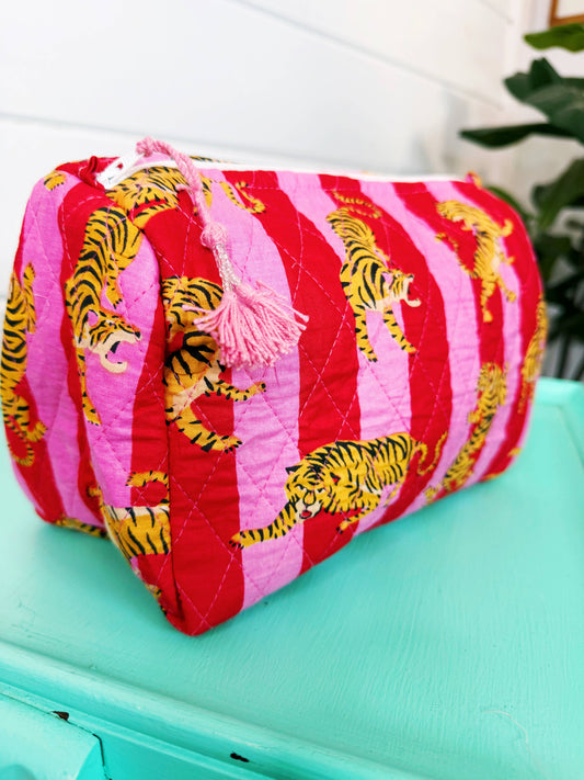 Quilted Mahjong Tile Pouch | Pink Red Tiger Print