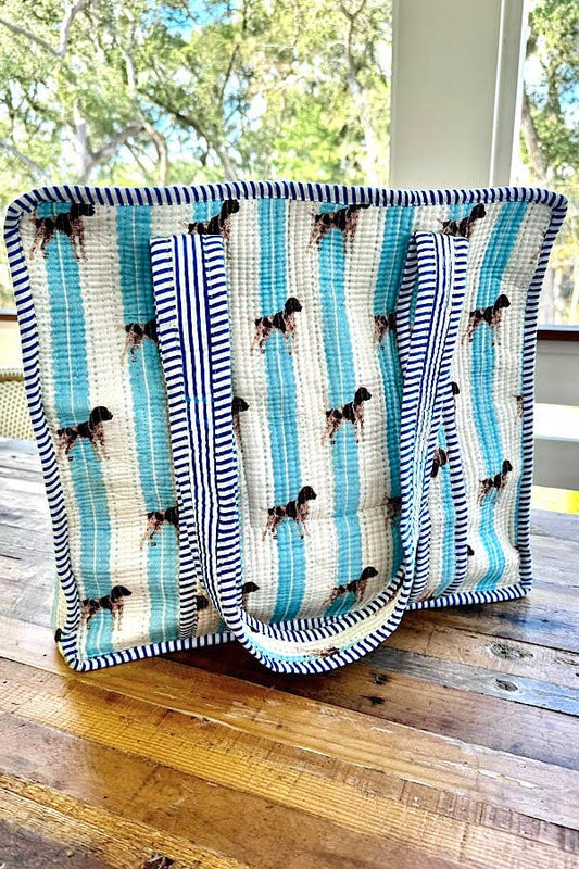 Mahjong Tote Bag | Blue & Cream Stripe with Pointer Motif