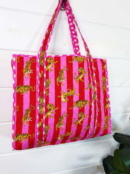 Mahjong Tote Bag | Pink Red Tiger Print