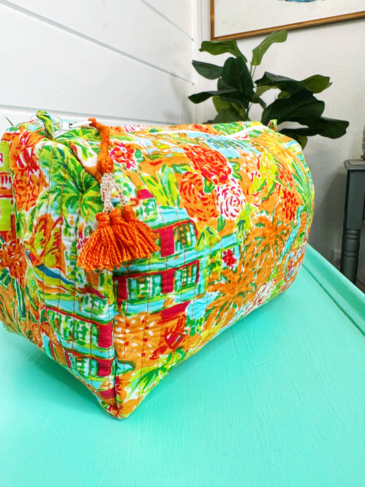 Quilted Mahjong Tile Pouch | Orange Southern Town Print