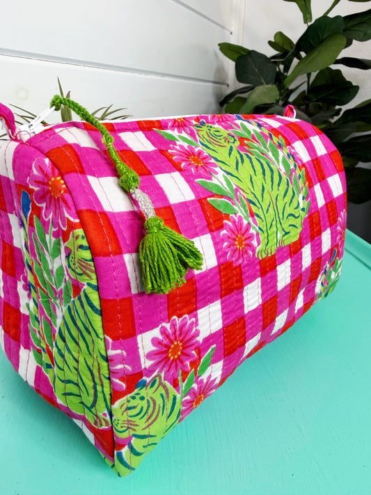 Mahjong Tile Pouch | Pink Checkered Tiger Quilted | Folklore Couture