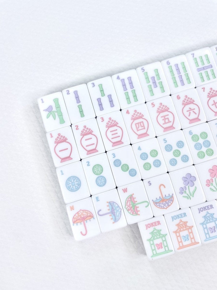 Sky Blue Garden Party Mahjong Tile Set | Hand-Painted Acrylic | Mat & Shufflers Included