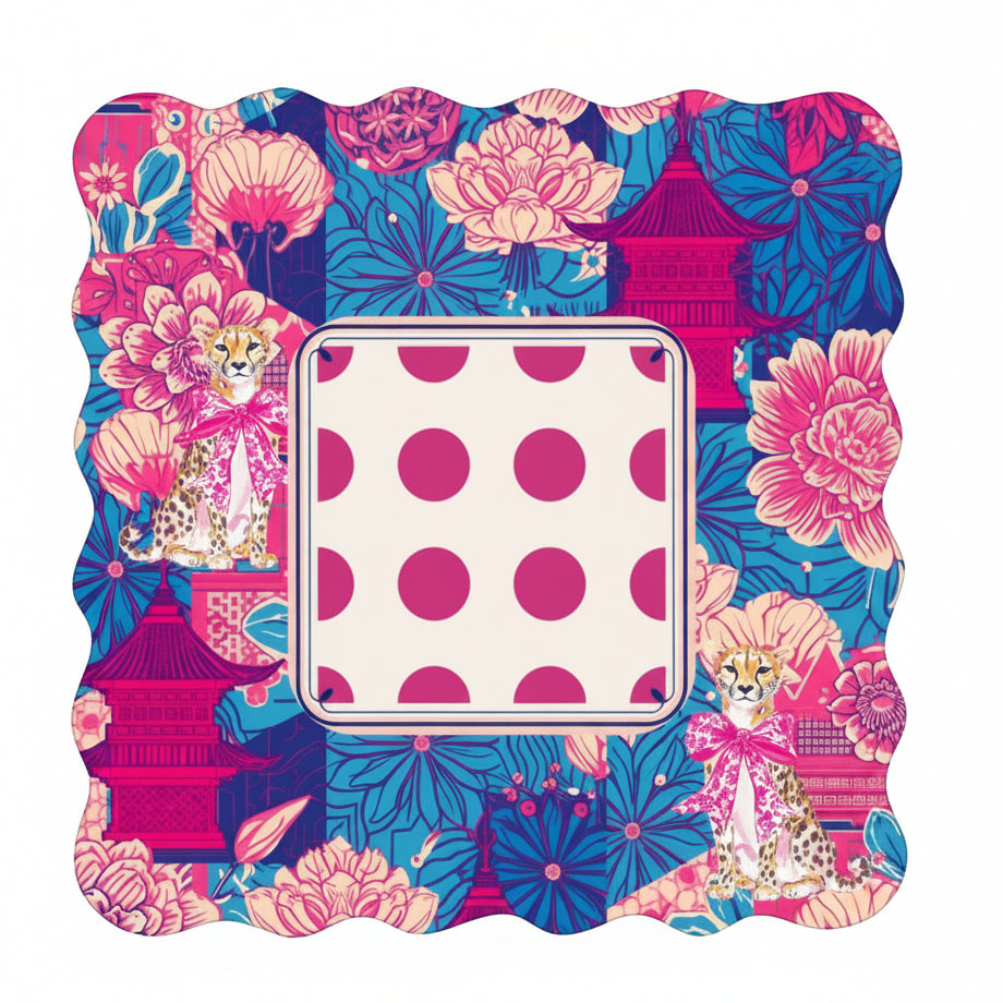 Scalloped Mahjong Mat | Cheetah Dynasty Pink Pagoda