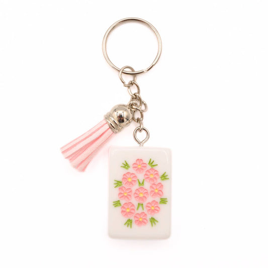 Mahjong Tile Keychain | Pink Flowers