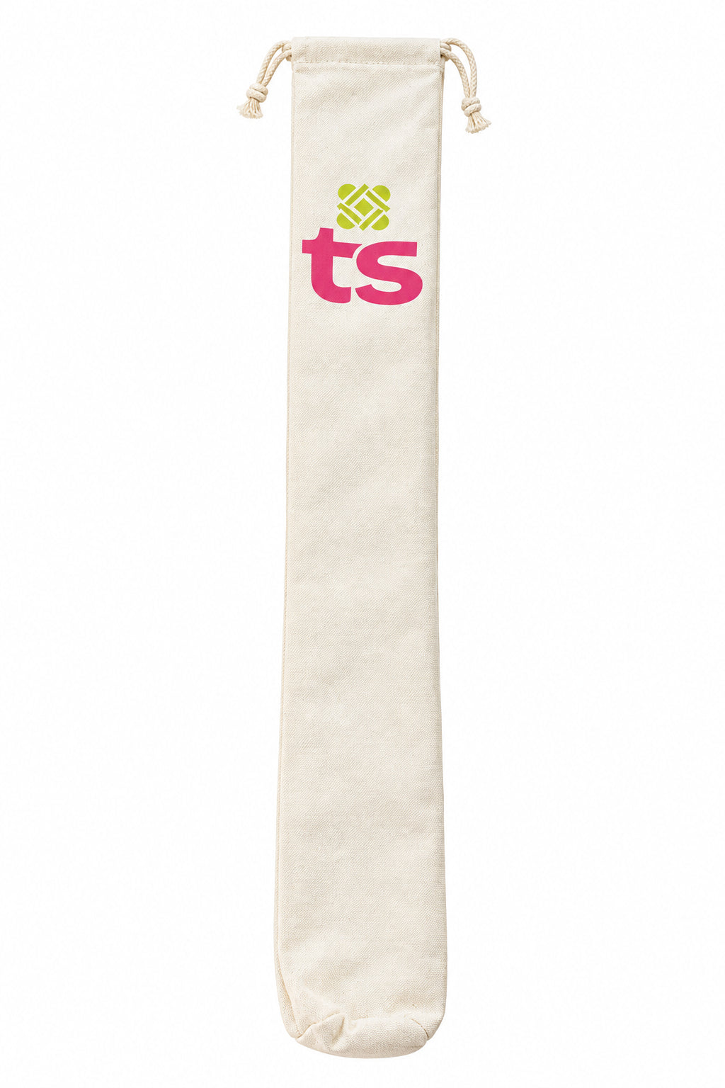 A long cream-colored canvas drawstring bag with a pink and yellow 'ts' logo