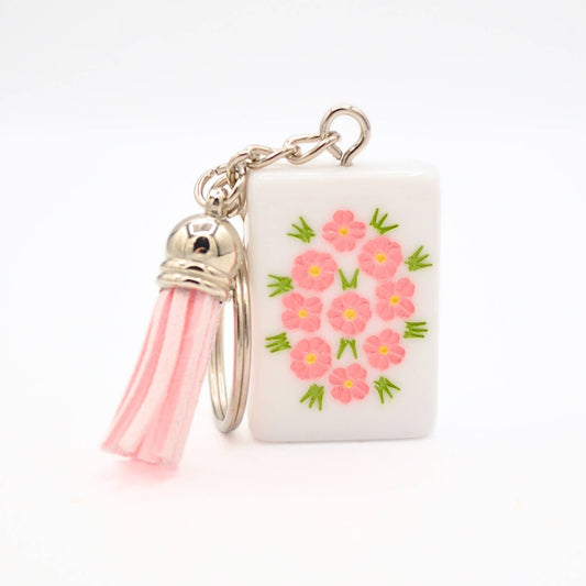 Mahjong Tile Keychain | Pink Flowers