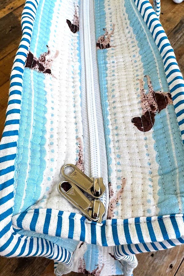 Mahjong Tote Bag | Blue & Cream Stripe with Pointer Motif