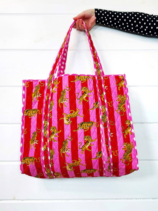 Mahjong Tote Bag | Pink Red Tiger Print