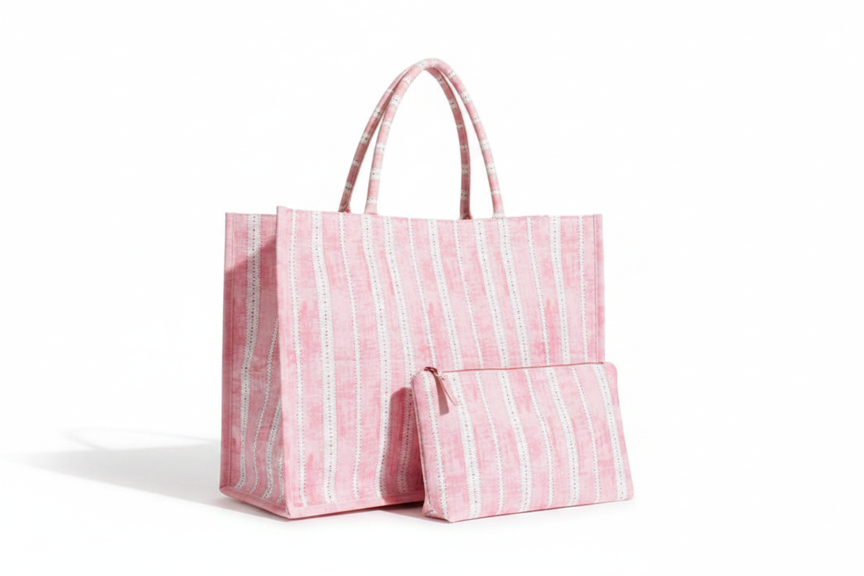Pink striped tote bag on a white background