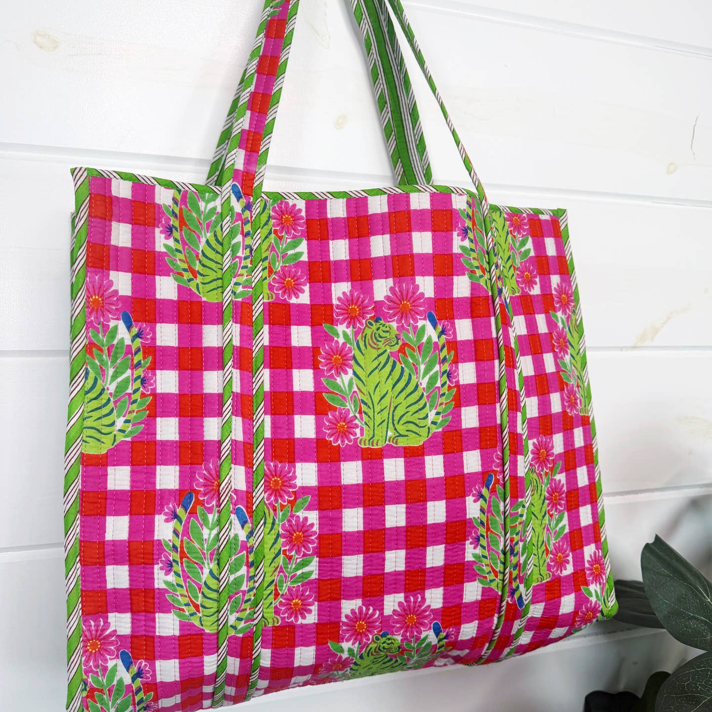 Mahjong Tote Bag | Pink Checkered Tiger Quilted