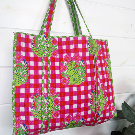 Mahjong Tote Bag | Pink Checkered Tiger Quilted
