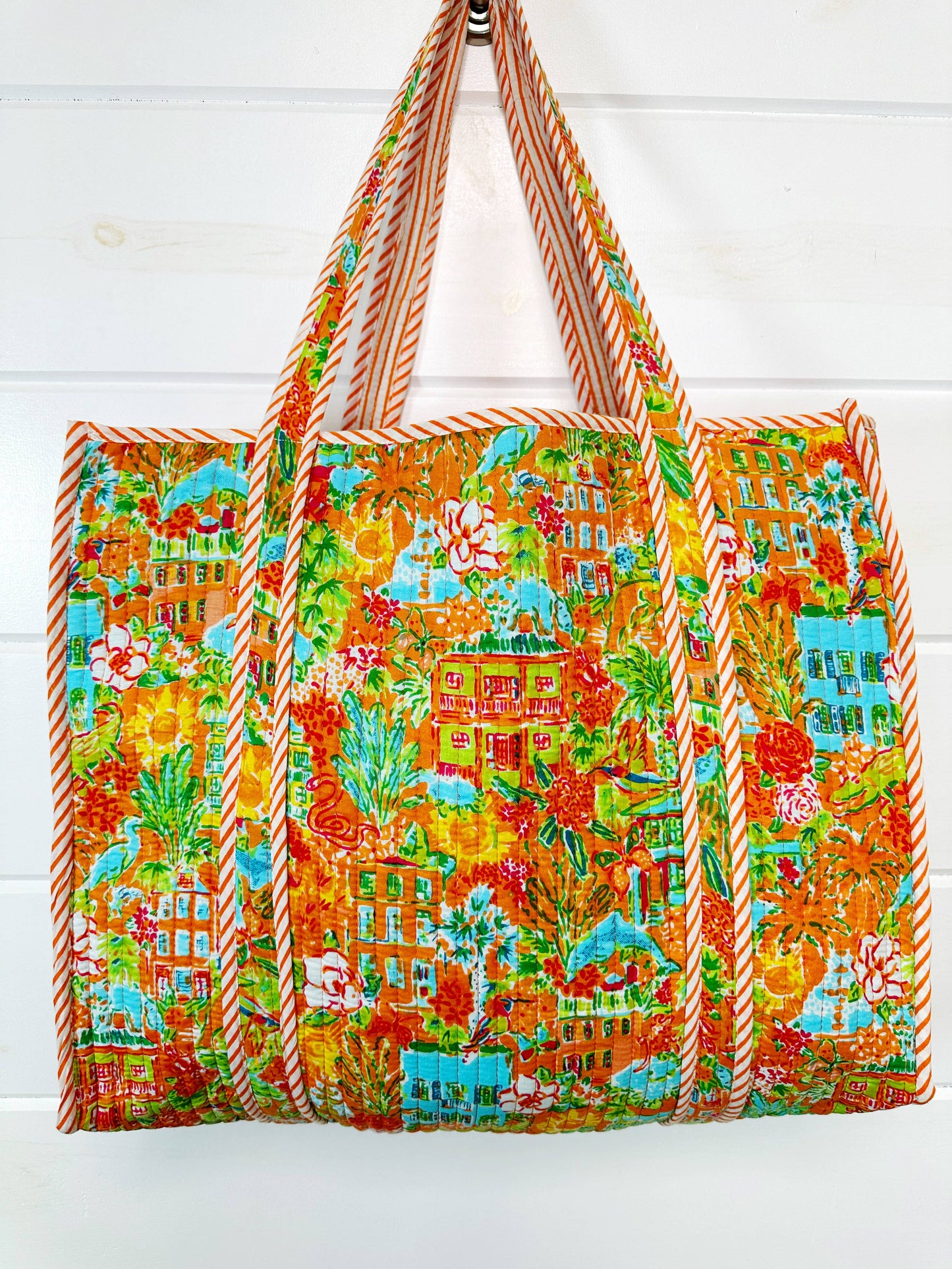 Colorful tote bag with pattern on a white background