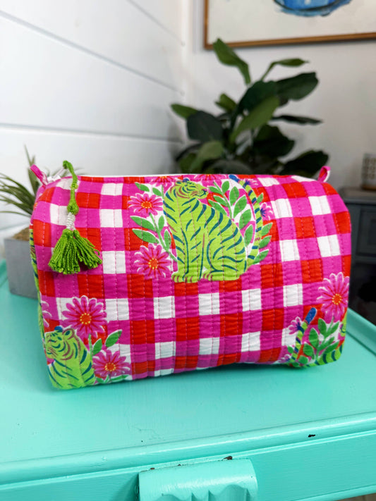 Mahjong Tile Pouch | Pink Checkered Tiger Quilted | Folklore Couture