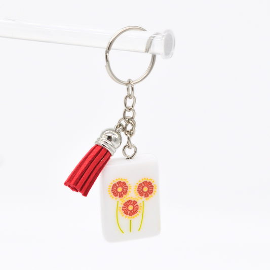 Mahjong Tile Keychain | Traditional Flower yellow and red