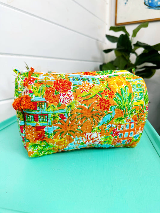 Quilted Mahjong Tile Pouch | Orange Southern Town Print