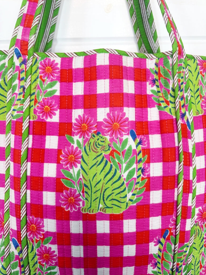 Mahjong Tote Bag | Pink Checkered Tiger Quilted