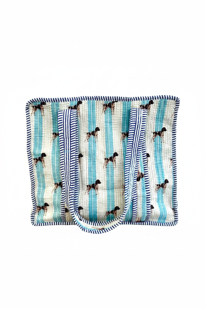 Mahjong Tote Bag | Blue & Cream Stripe with Pointer Motif