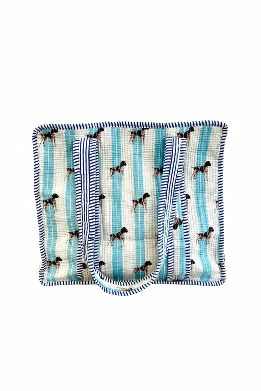 Mahjong Tote Bag | Blue & Cream Stripe with Pointer Motif