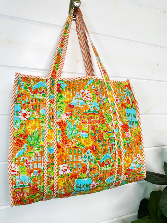 Mahjong Tote Bag | Orange Southern Town Print