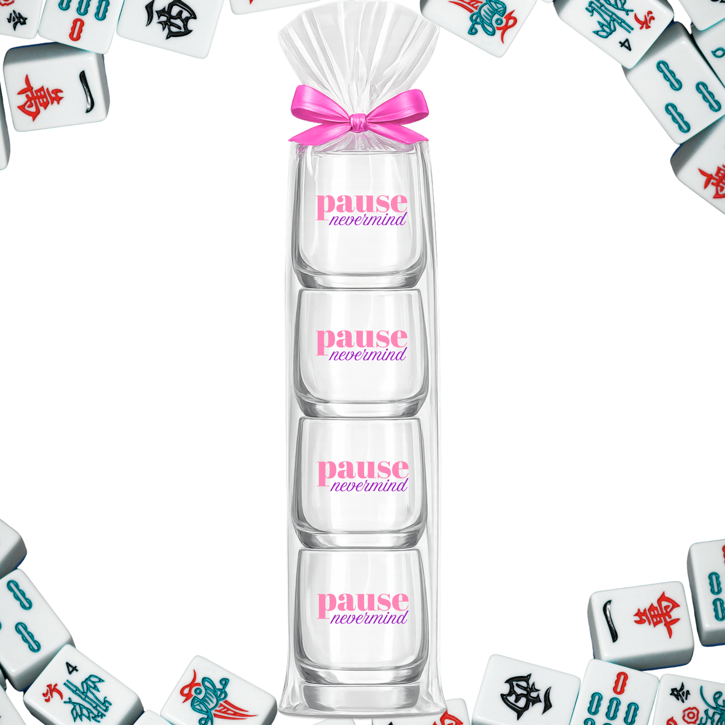 Mahjong Stemless 4 ct Set Wine Glasses "Pause Nevermind"