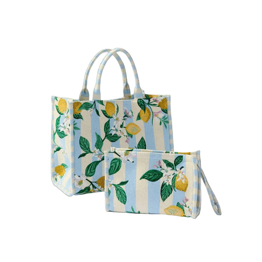 Tote bag and pouch with lemon and floral pattern on a white background