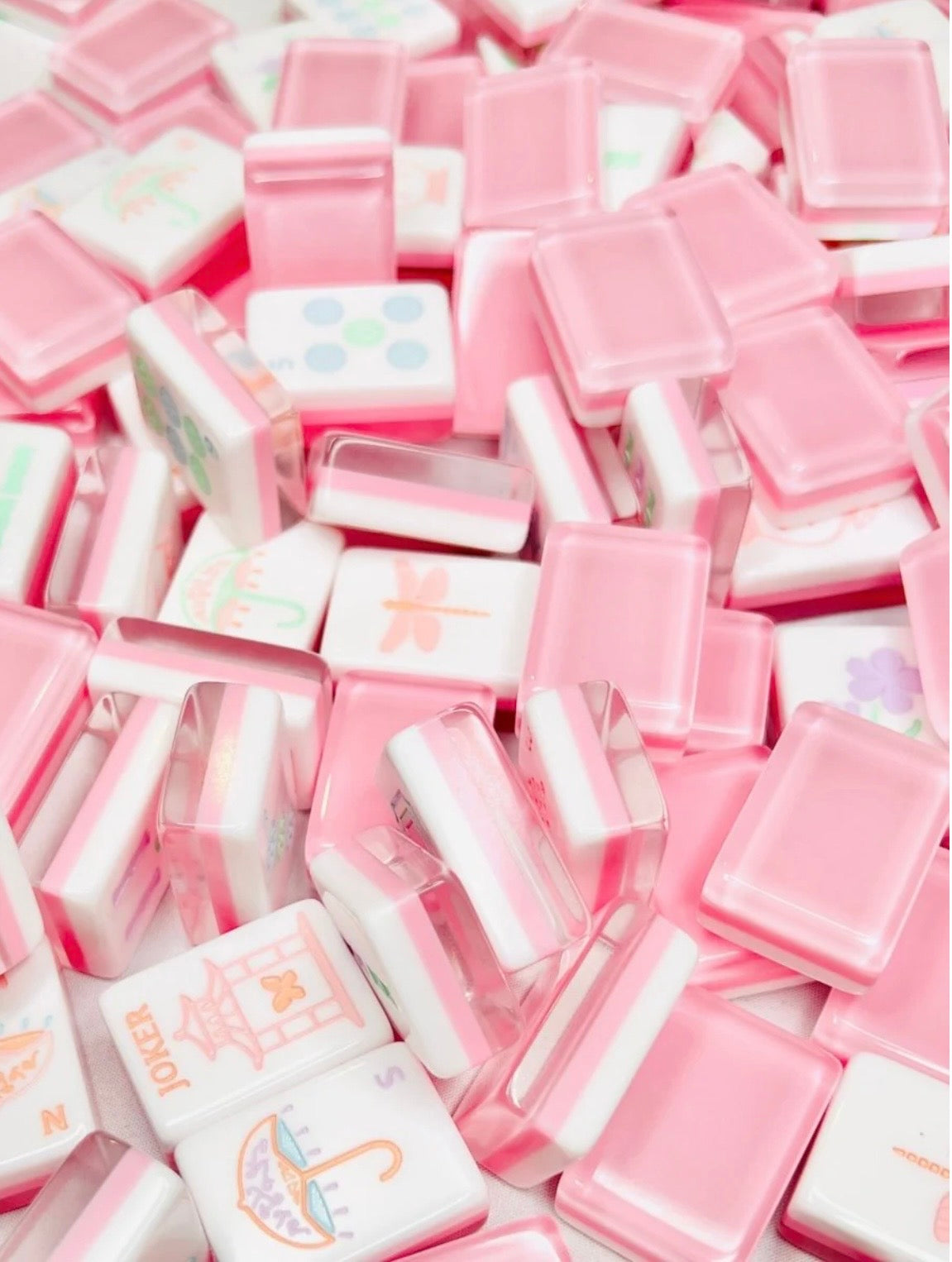 Petal Pink Garden Party Mahjong Tile Set | Hand Painted Acrylic | Mat and Shufflers included