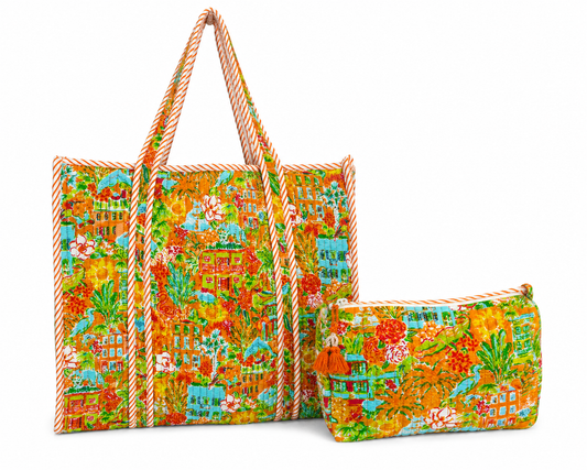 Mahjong Tote & Tile Bag Bundle | Orange Southern Town Print