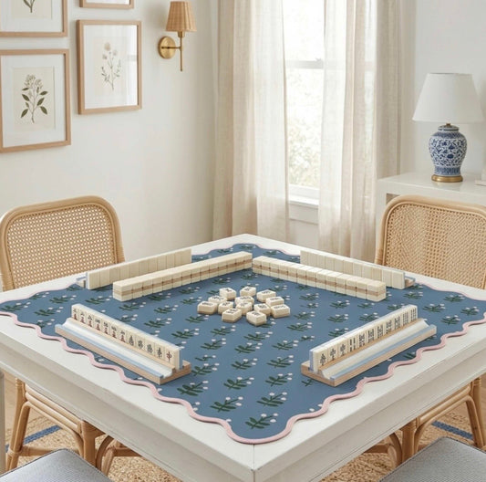Mahjong Mat | Scallop Block Print Floral Blue