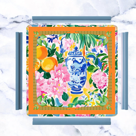 Mahjong Mat | Citrus Chinoiserie Orange & Blue