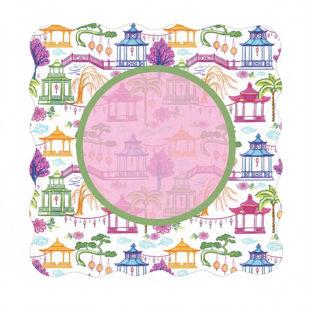 Scalloped Mahjong Mat | Lavender Chinoiserie Pagoda