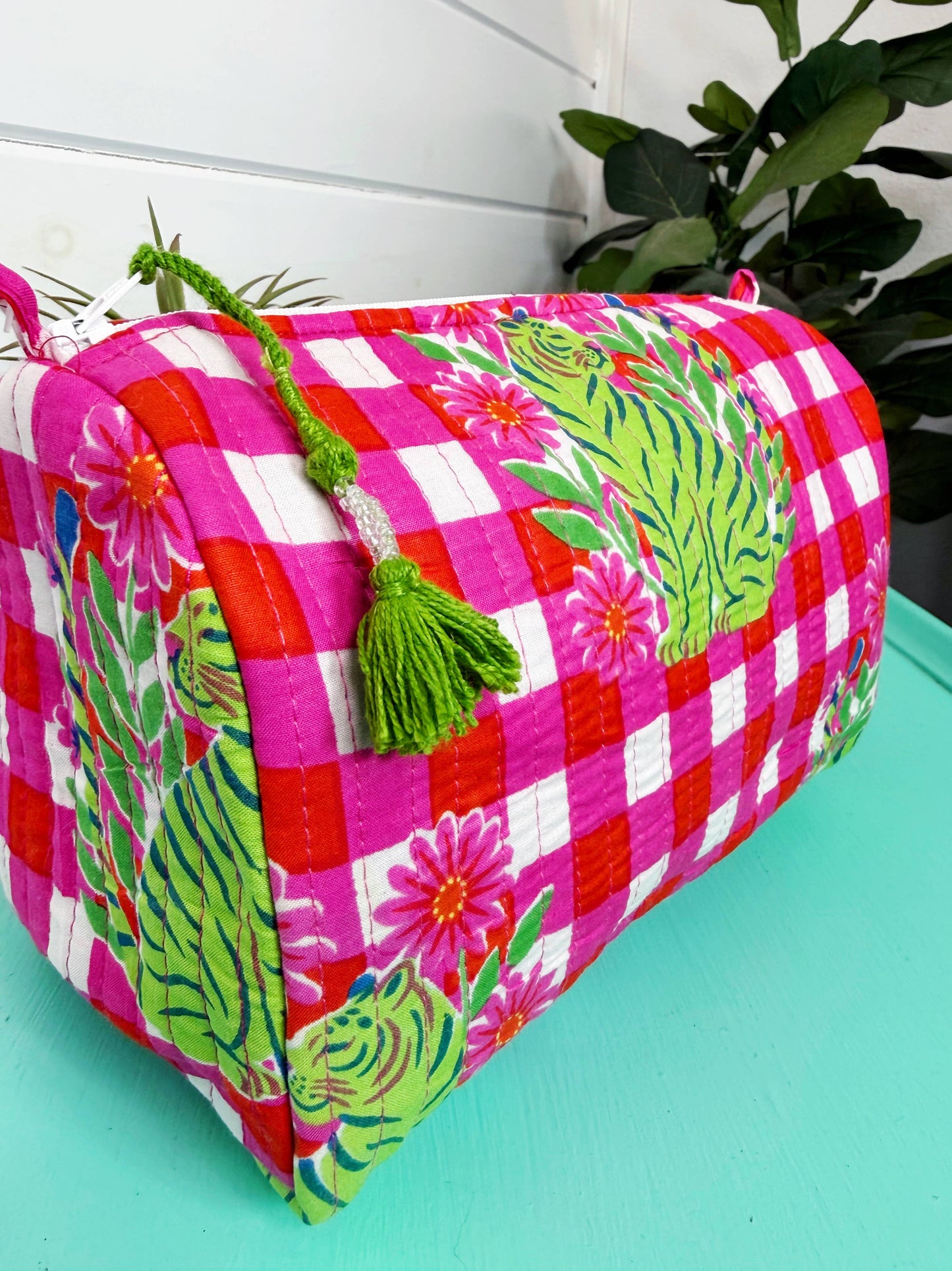 Mahjong Tile Pouch | Pink Checkered Tiger Quilted | Folklore Couture