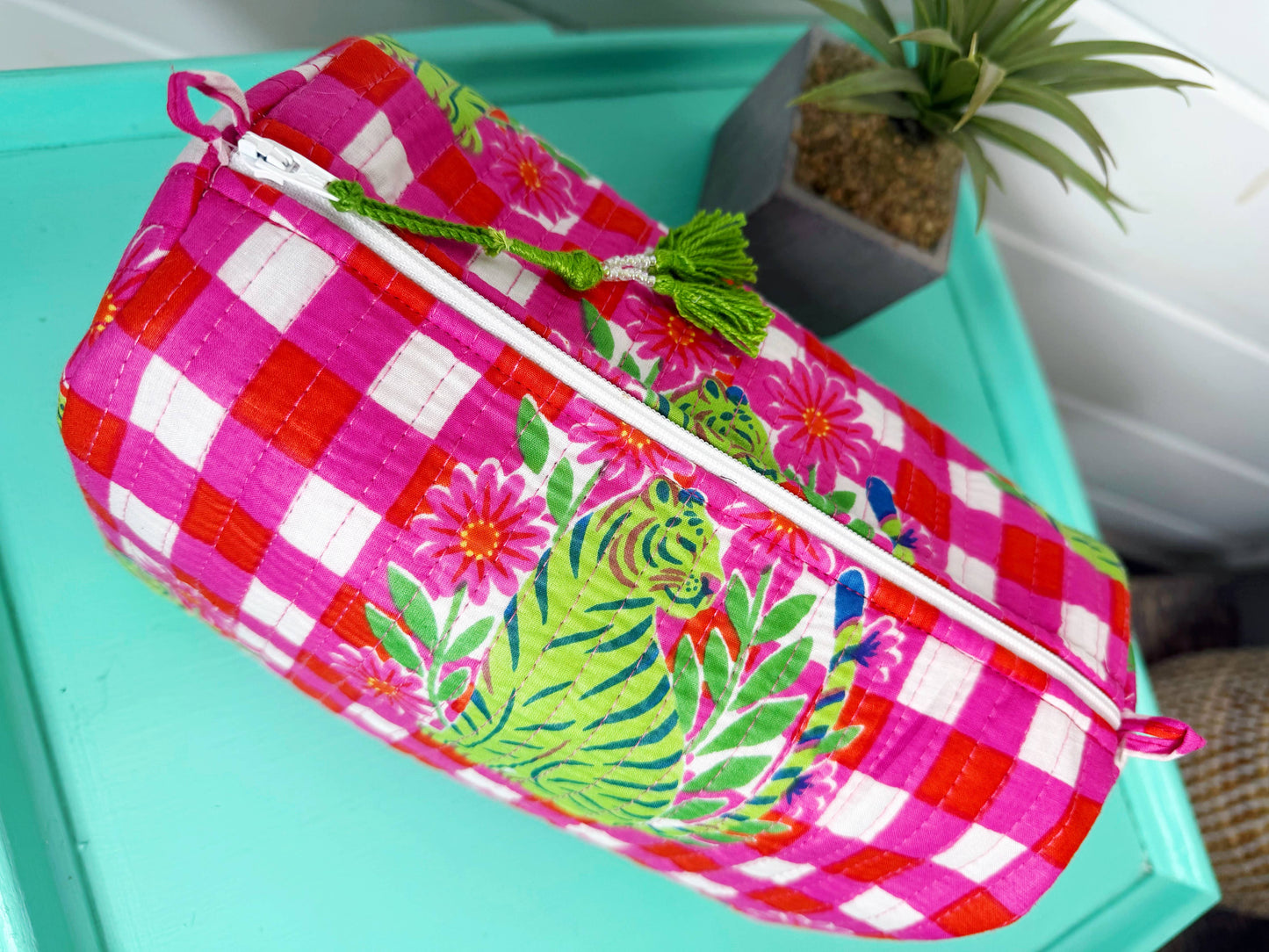 Mahjong Tile Pouch | Pink Checkered Tiger Quilted | Folklore Couture