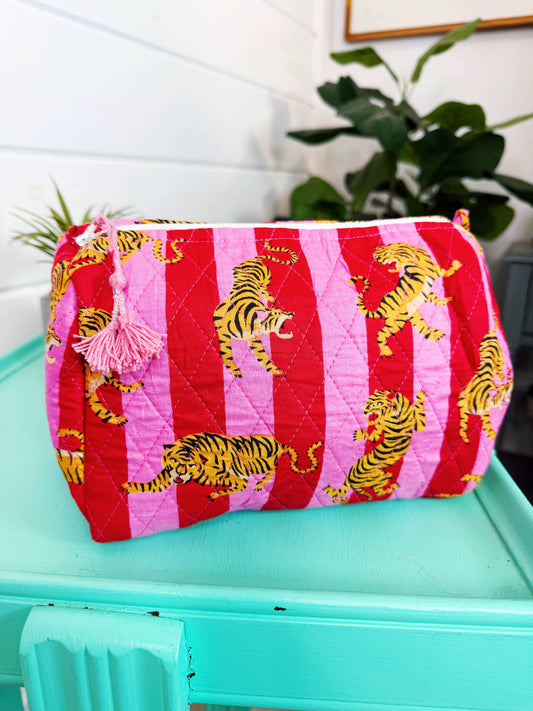 Quilted Mahjong Tile Pouch | Pink Red Tiger Print