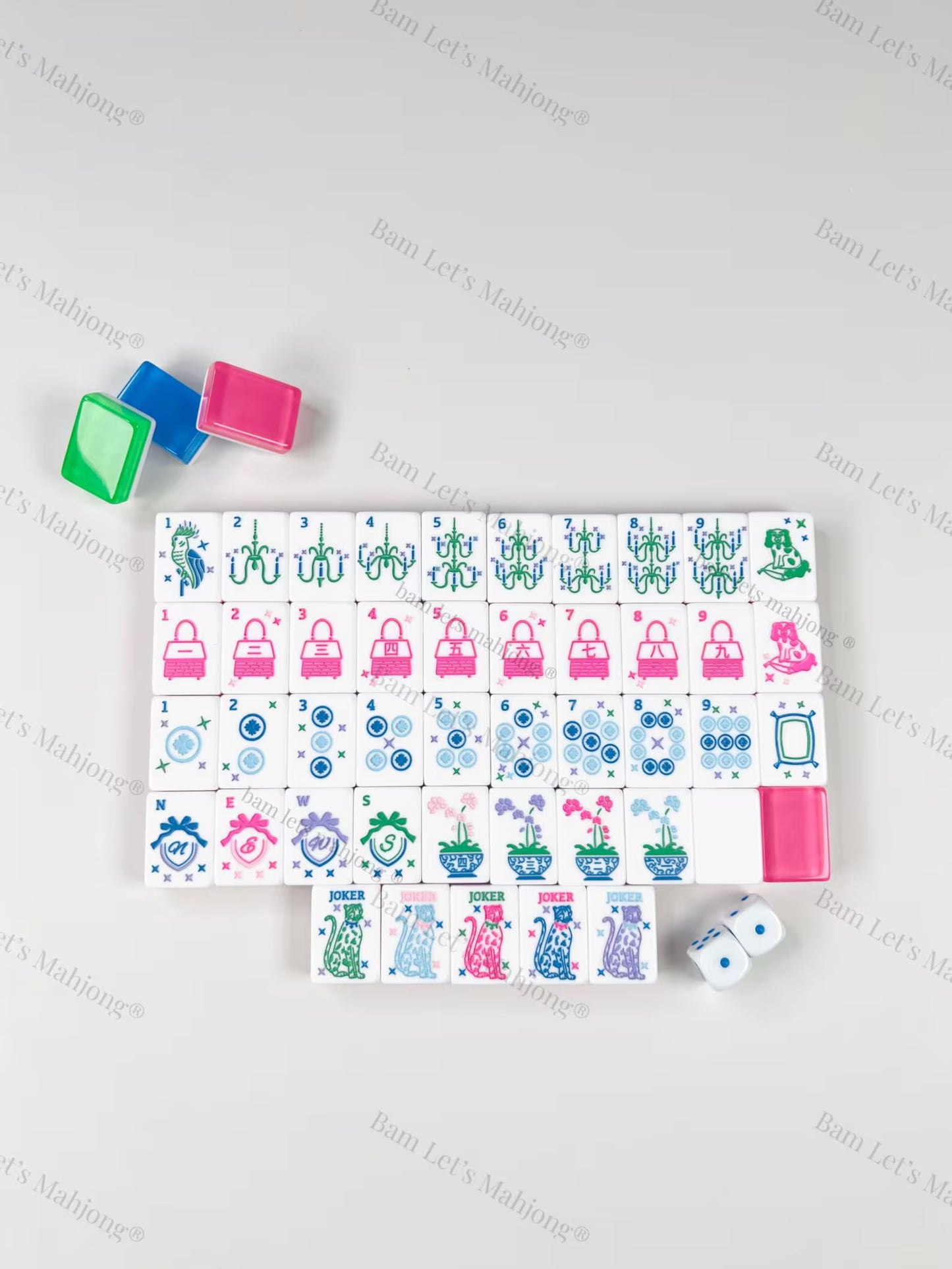 Grandmillennial Mahjong Tile Set Bundle | Hand-Painted Green Acrylic | Mat & Shufflers Included