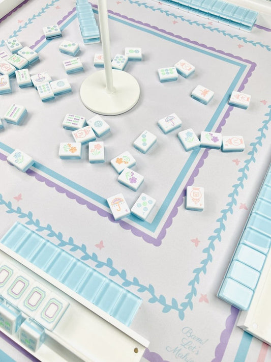 Sky Blue Garden Party Mahjong Tile Set | Hand-Painted Acrylic | Mat & Shufflers Included