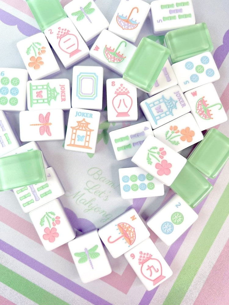 Sea Glass Garden Party Mahjong Tile Set | Hand-Painted Acrylic | Mat & Shufflers Included