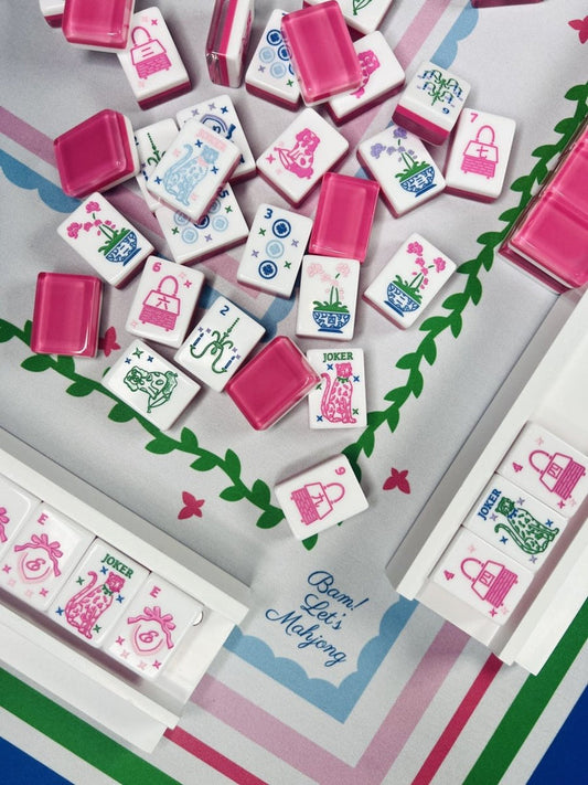 Grandmillennial Mahjong Tile Set Bundle | Hand-Painted Pink Acrylic | Mat & Shufflers Included