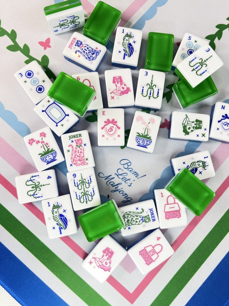 Grandmillennial Mahjong Tile Set Bundle | Hand-Painted Green Acrylic | Mat & Shufflers Included